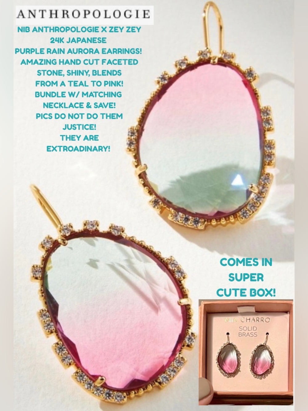 NIB! ANTHROPOLOGIE 24K GOLD PLATED JAPANESE PURPLE RAIN AURURA REBIRTH EARRINGS!